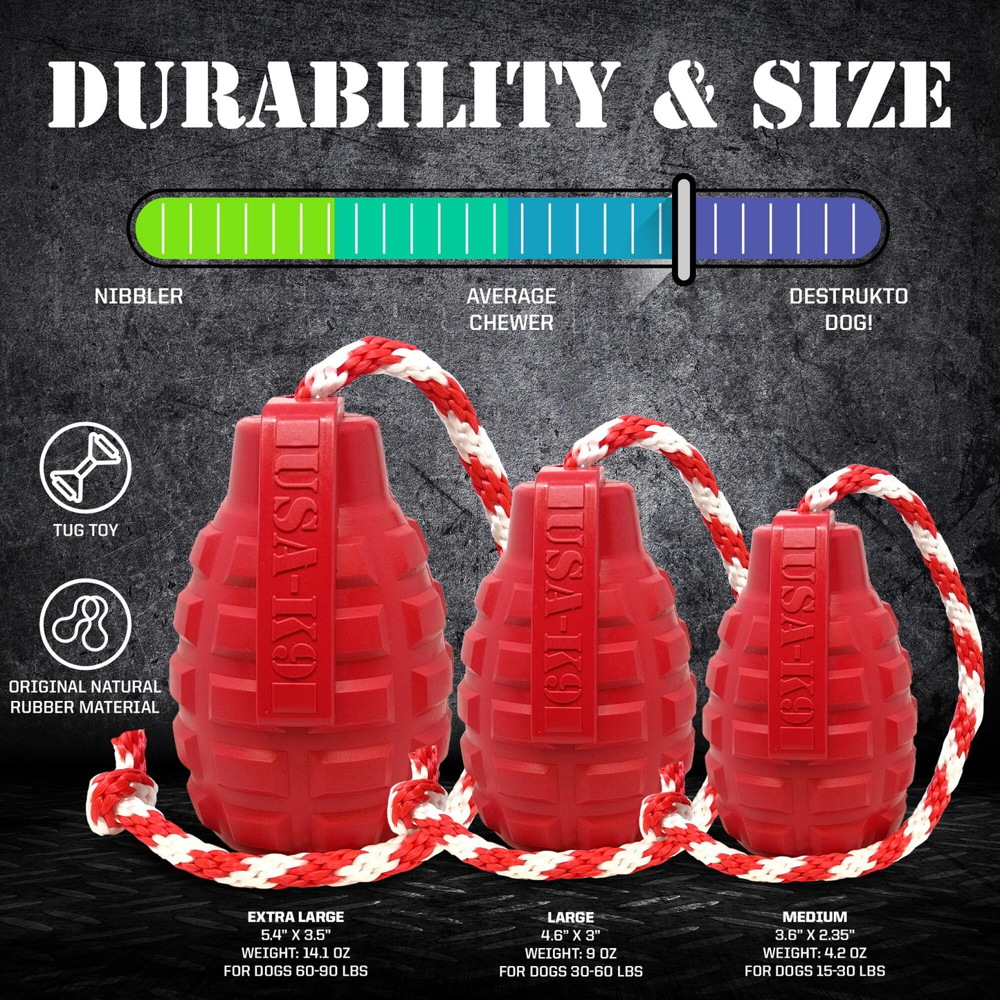 USA-K9 Grenade Shaped Rubber Dog Toy - Chew, Treat Dispenser & Tug Toy | USA - Army Green